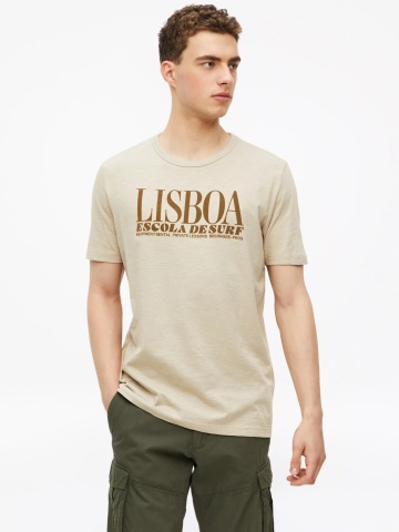 s.Oliver Tricou barbati din bumbac, cu imprimeu, Regular fit, Bej
