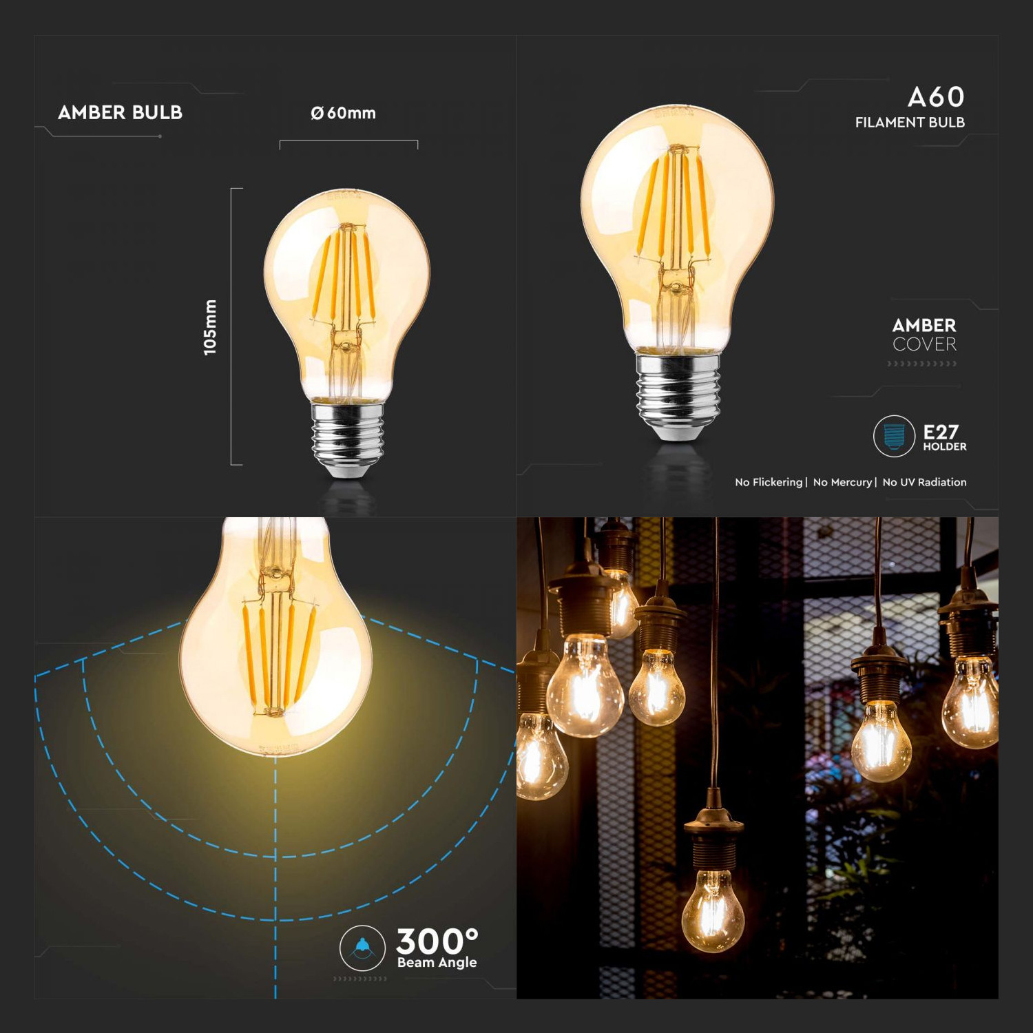 Bec LED Vintage filament 12W (90W), E27, A60, 1350 lm, lumina calda (2200K), V-TAC