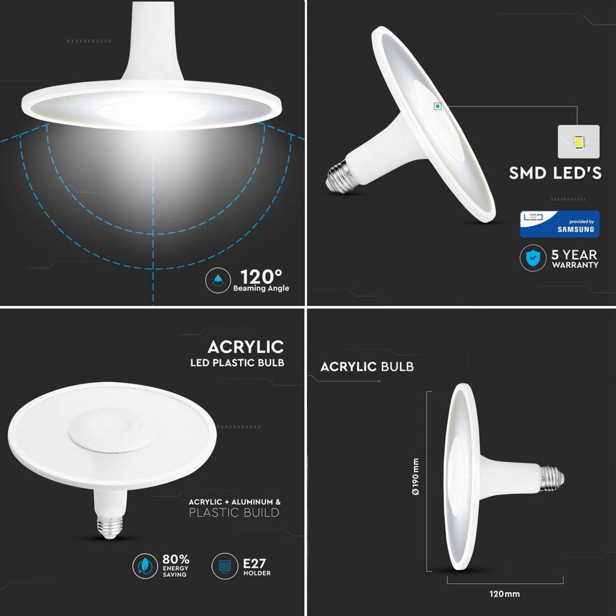 Bec LED Acrilic UFO, E27, 11W(75W), 1200lm, lumina rece (6400K), alb, V-TAC