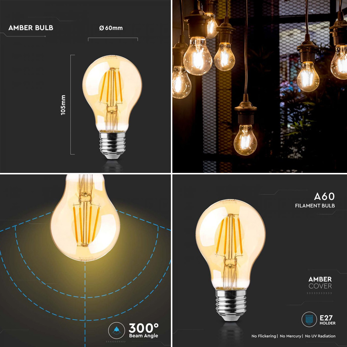 Bec LED Vintage filament 10W (65W), E27, 950 lm, lumina calda (2200 K), V-TAC
