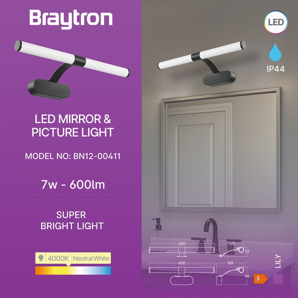 Aplica LED baie 7W, lumina neutra (4000 K), neagra, IP44, Braytron - imagine 3