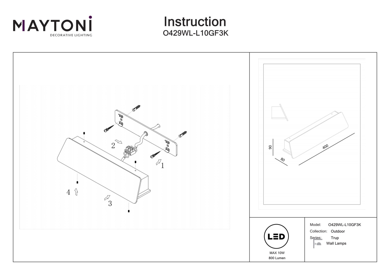 Aplica pentru exterior LED Trupp O429WL-L10GF3K, 10W, 800lm, lumina calda, IP54, grafit, Maytoni - 2 | YEO