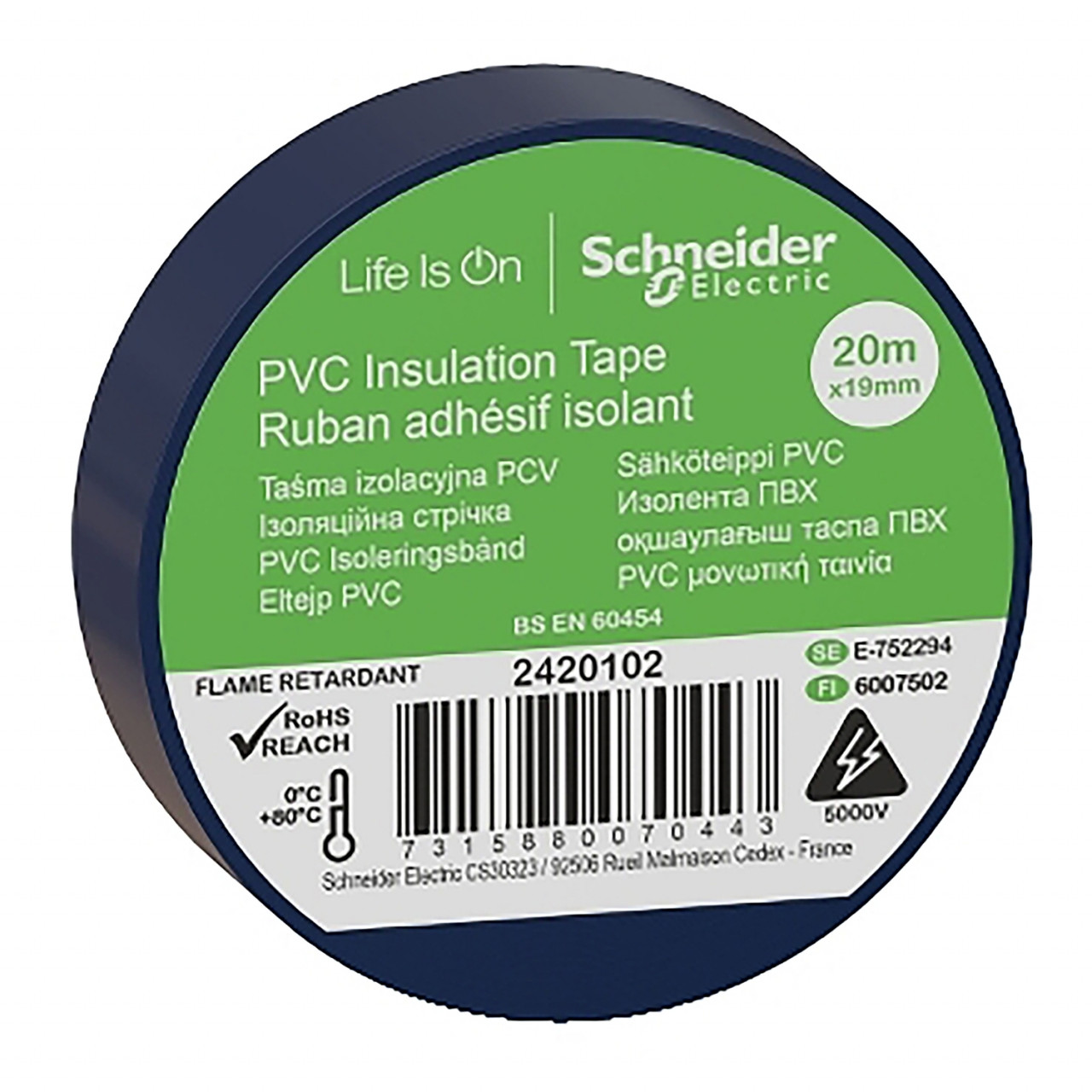 Banda izolatoare PVC, 20m x19mm, 5000V, 0-80C, albastra, Schneider