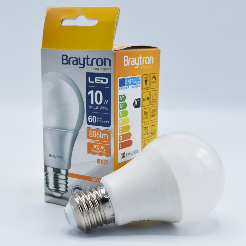 Bec LED 10W(60W) Braytron, A60, E27, 806 lm, lumina calda (3000 K), dimabil, clasa energetica F - 1 | YEO