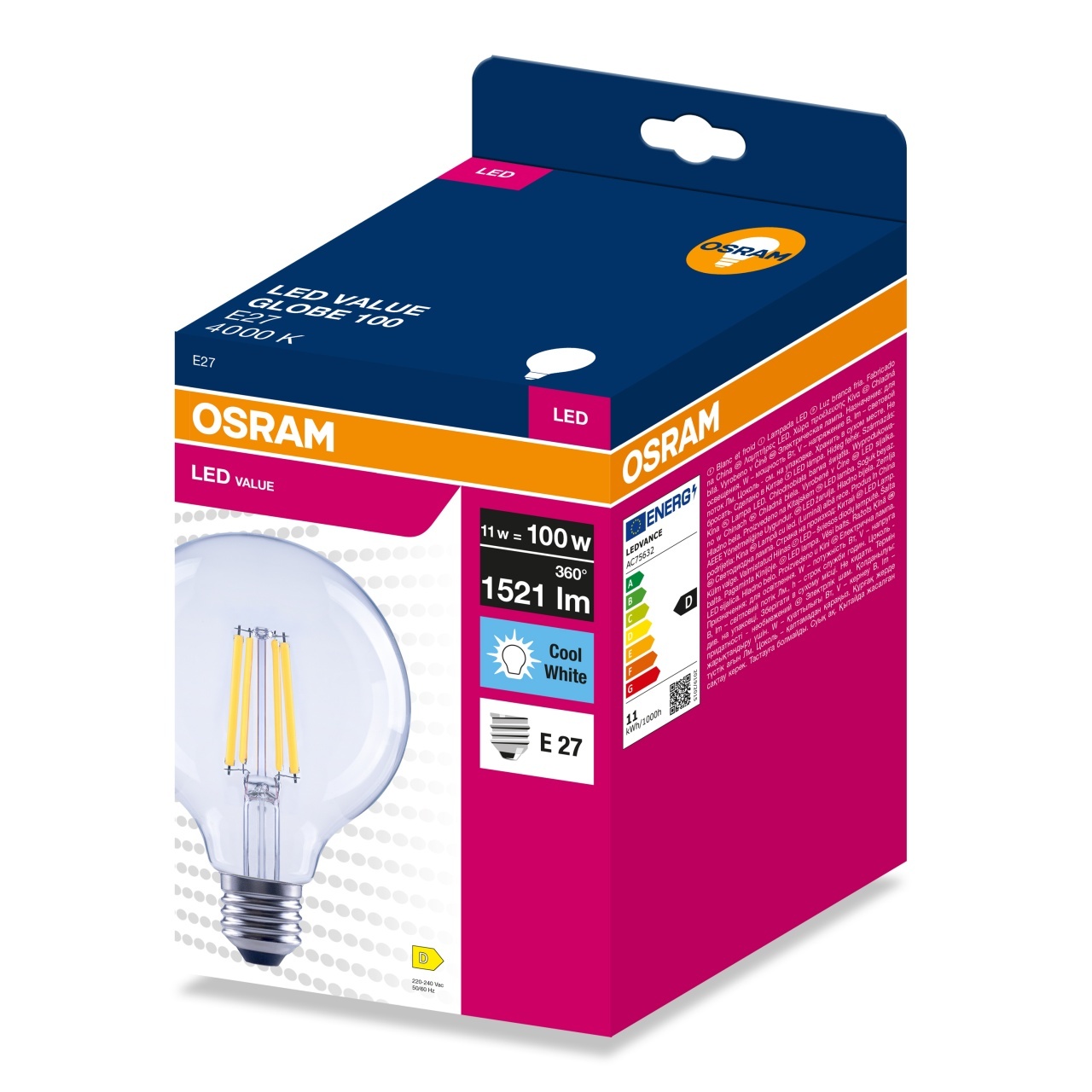 Bec LED 11W(100W) Osram G125, E27, 1521 lm, lumina neutra(4000K), stil vintage, clasa energetica D - imagine 2