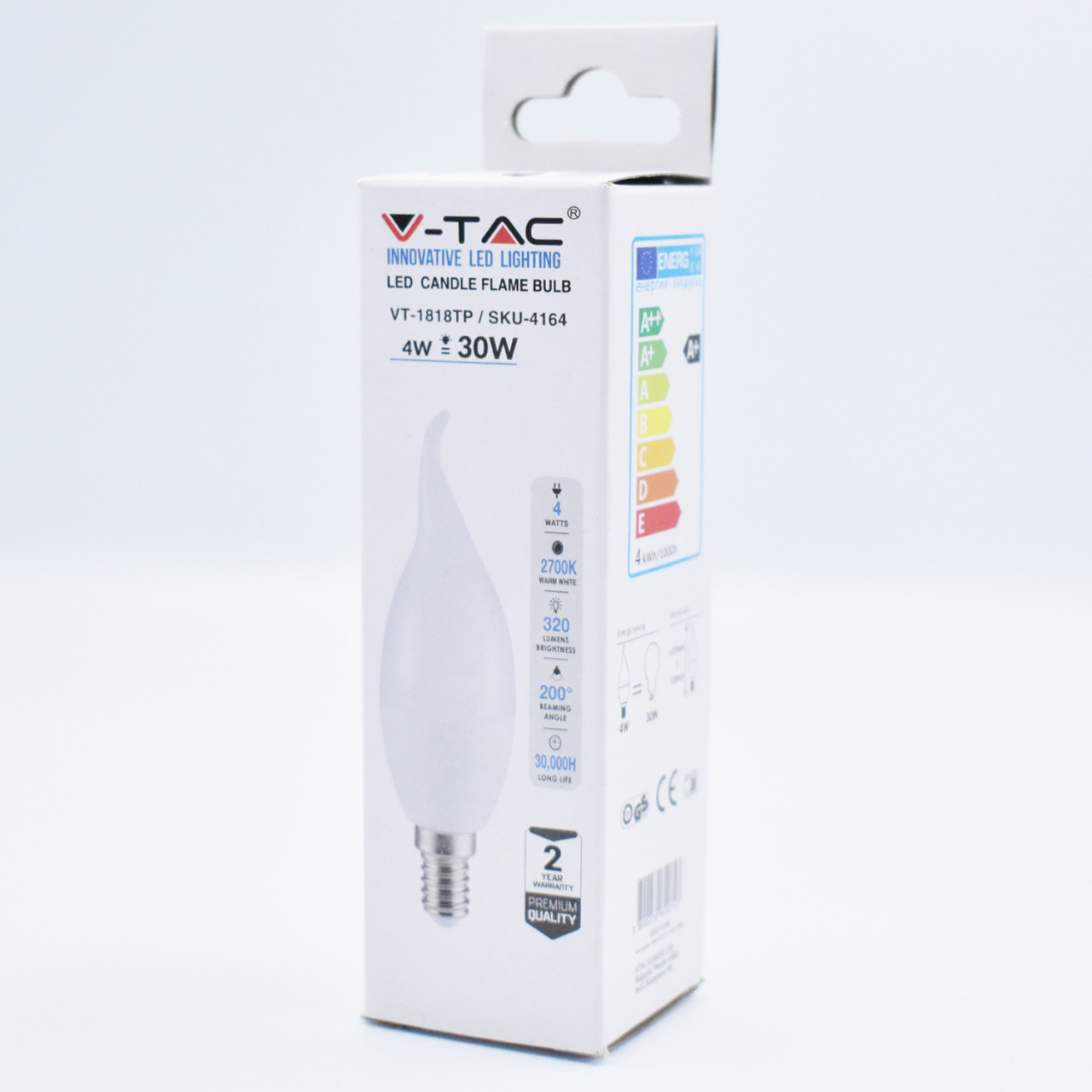 Bec LED 4W(30W) V-TAC flacara, E14, 320 lm, lumina calda (2700 K), clasa energetica F