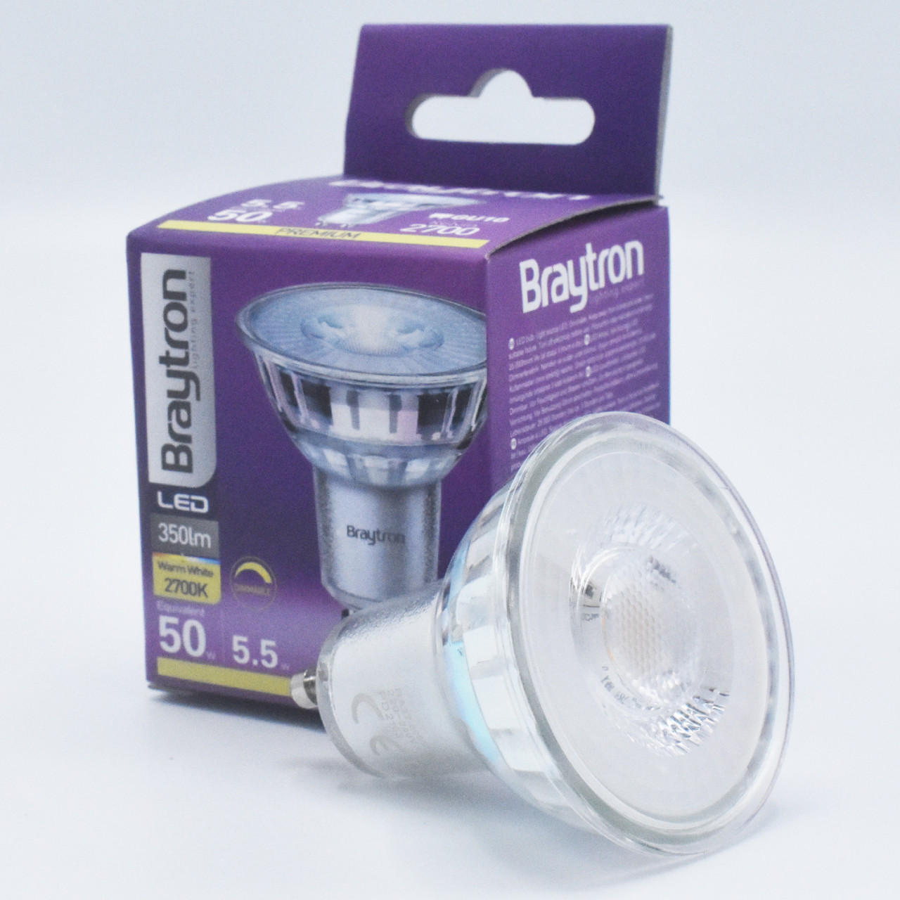 Bec LED 5.5W(50W) Braytron, GU10, 400 lm, lumina calda (3000 K), dimabil, clasa energetica F - 1 | YEO