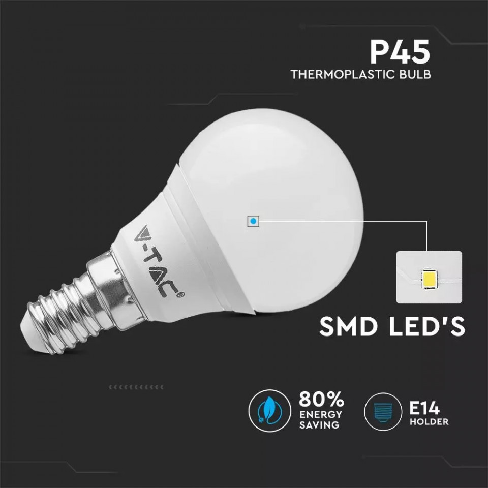 Bec led E14 sferic, 5.5W(40W), P45, 470lm, lumina naturala (4000 K), V-TAC - 1 | YEO