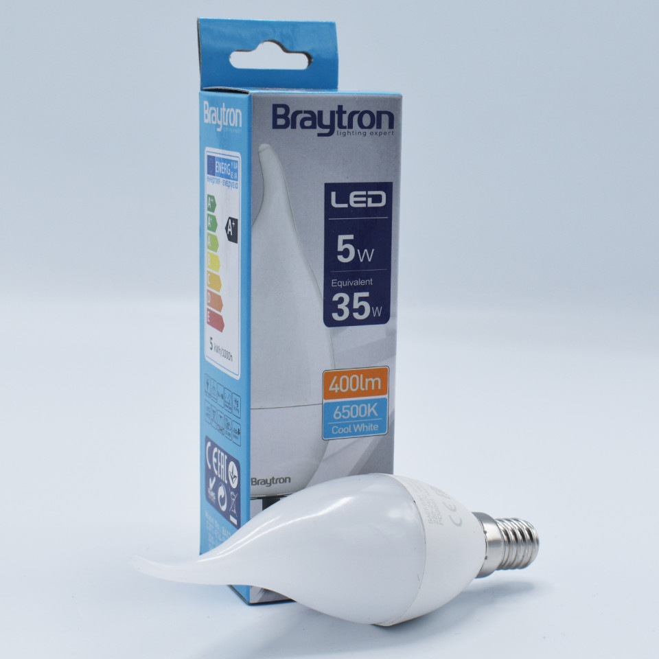 Bec LED Flacara 5W(35W) Braytron, C37T, E14, 400 lm, lumina rece (6500 K), clasa energetica F - 1 | YEO