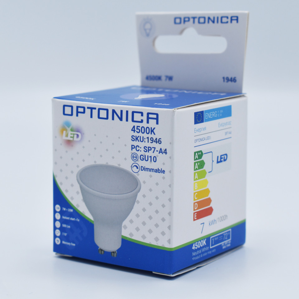 Bec LED GU10 dimabil Optonica, 7W(33W), 500 lm, lumina neutra (4500K), clasa energetica G