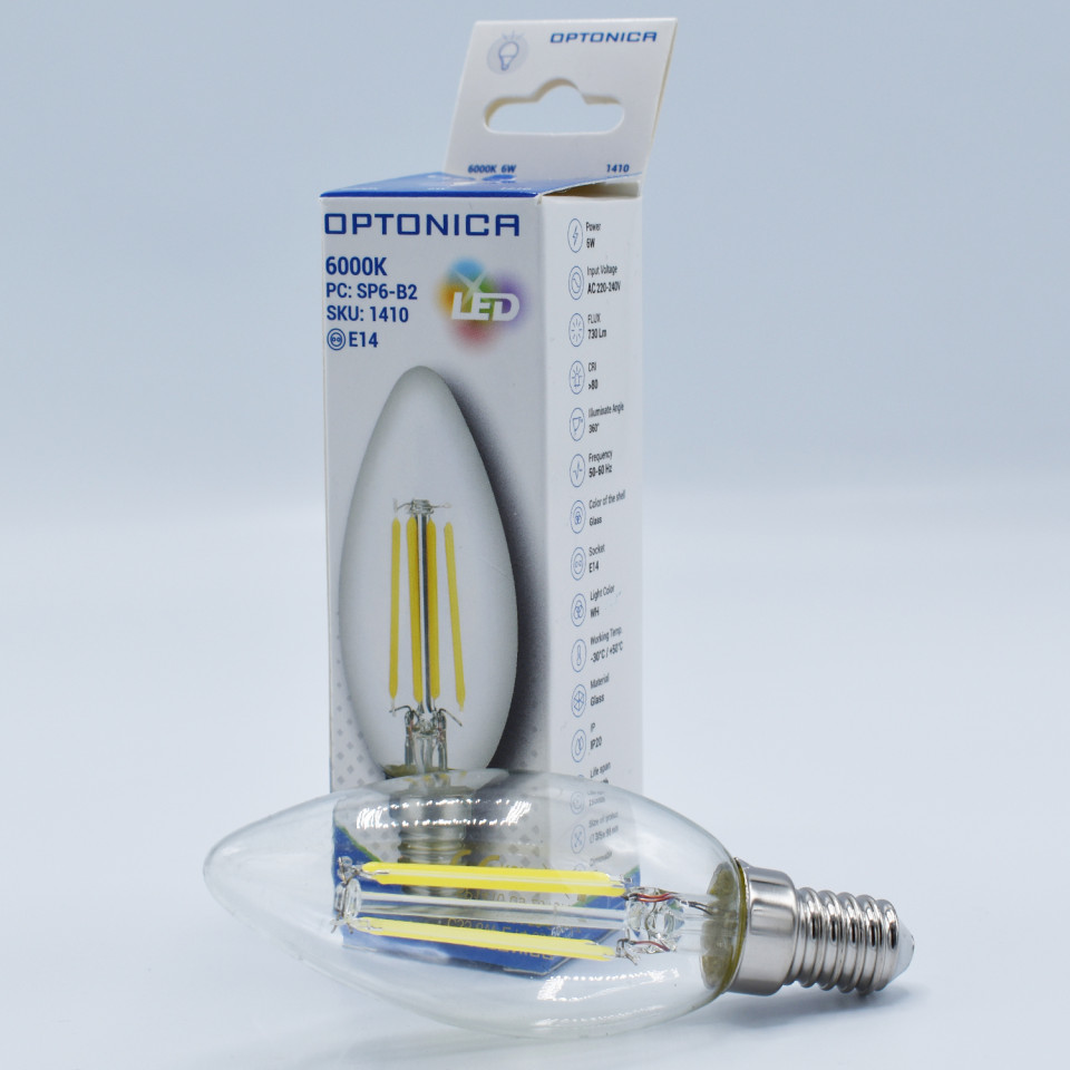 Bec LED lumanare Vintage filament Optonica, 6W(49W), E14, C37, 730 lm, lumina rece (6000K), clasa energetica E - 1 | YEO