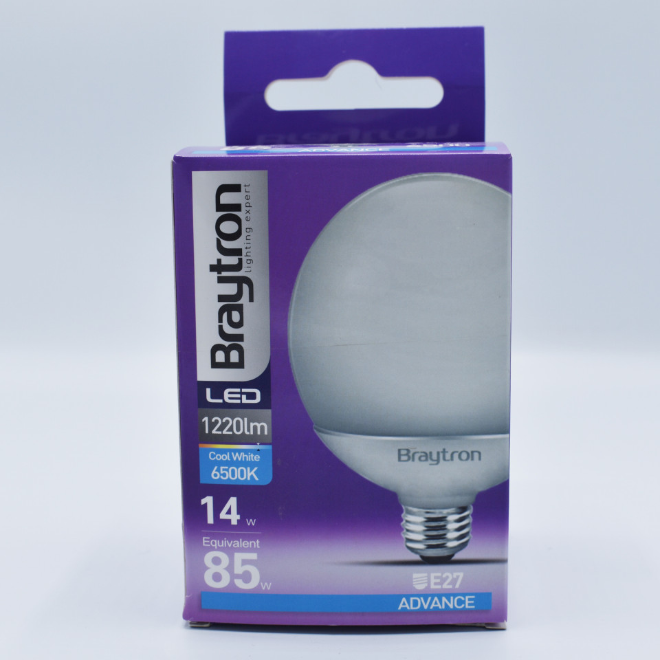 Bec LED Sferic 14W(90W) Braytron, G95, E27, 1360 lm, lumina rece (6500 K), opal, clasa energetica F - 2 | YEO