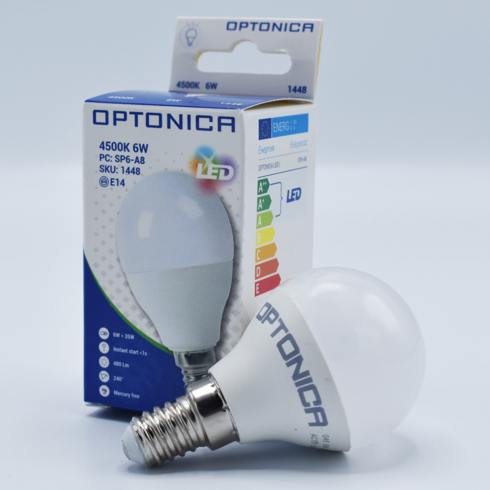 Bec LED sferic 6W(48W) Optonica, E14, G45, 480 lm, lumina neutra (4500K), opal, clasa energetica G - 1 | YEO