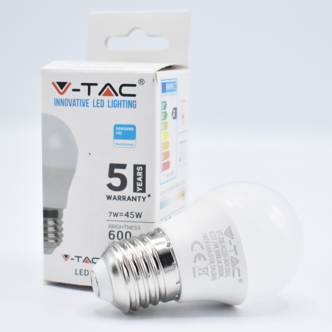 Bec LED sferic V-TAC, 7W(45W), cip Samsung, E27 G45, 600 lm, lumina calda (3000K), opal, clasa energetica F - 1 | YEO