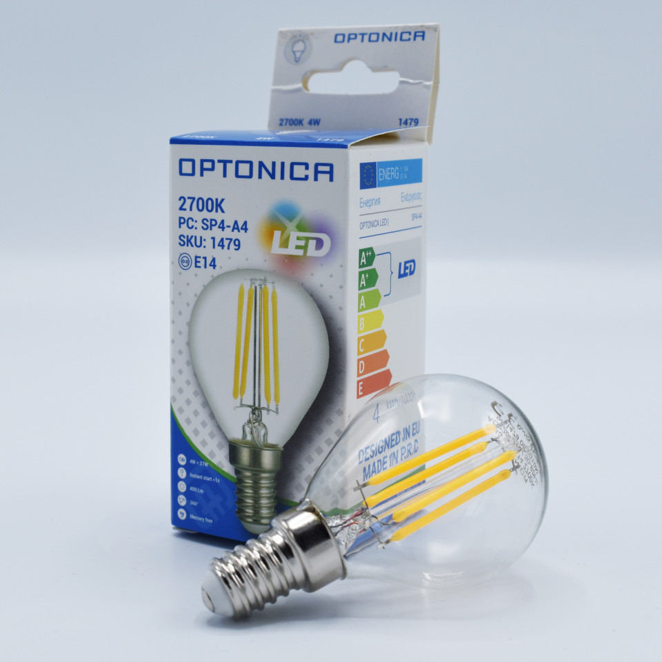 Bec LED sferic Vintage filament 4W(32W) Optonica, G45, E14, 400 lm, lumina calda (2700K), clasa energetica F - 1 | YEO
