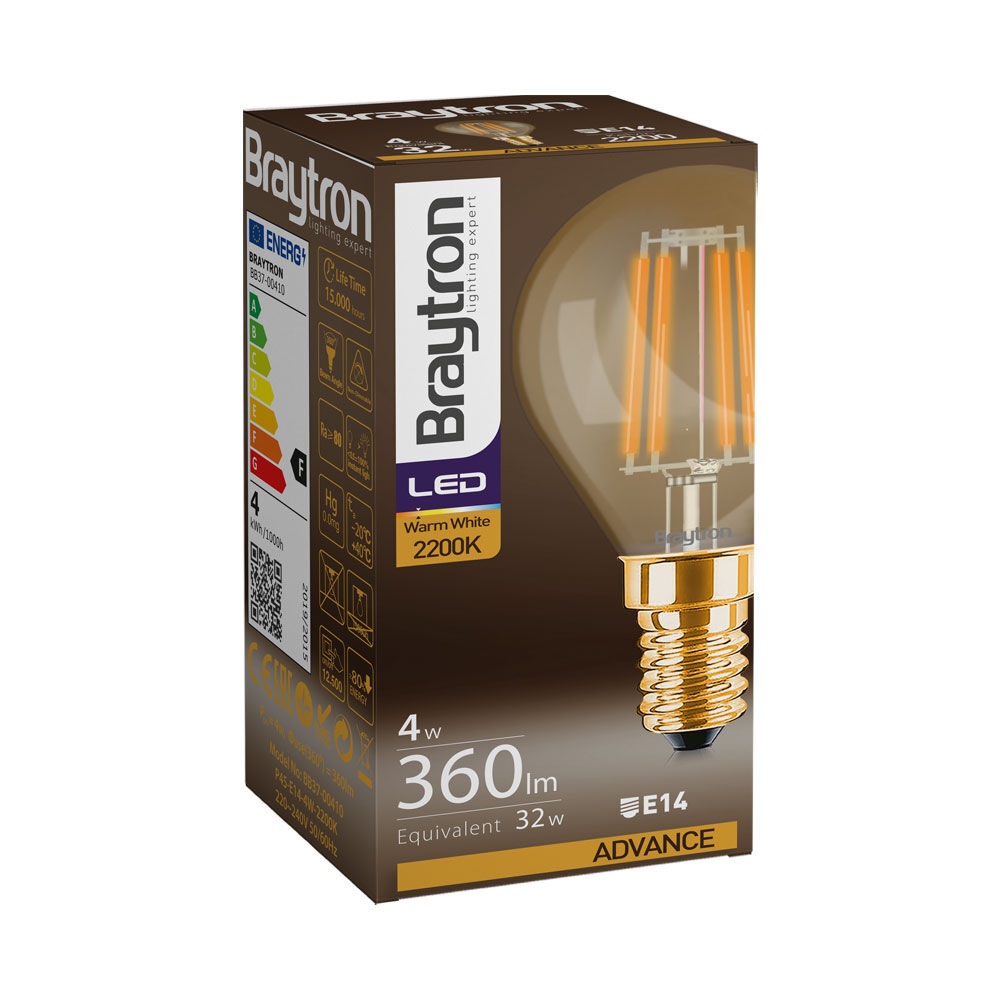 Bec LED sferic Vintage filament Braytron, 4W(32W), E14, G45, 350 lm, lumina calda (2200K), auriu, clasa energetica F - 1 | YEO