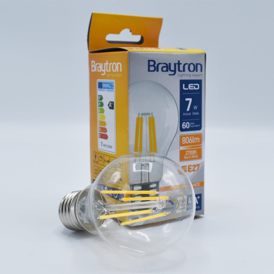 Bec led Vintage 7W (60W) Braytron, A60, E27, 806lm, dimabil, lumina calda (2700K), clasa energetica F - 1 | YEO