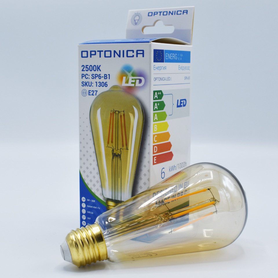 Bec LED Vintage filament, avocado 6W(36W) Optonica, ST64, E27, 540 lm, lumina calda (2800K), auriu, clasa energetica F - 1 | YEO