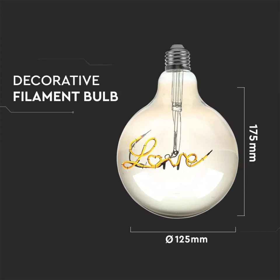 Bec LED Vintage filament Love V-TAC, 5W(30W), E27, G125, 70 lm, lumina calda (2200K), clasa energetica G - 2 | YEO
