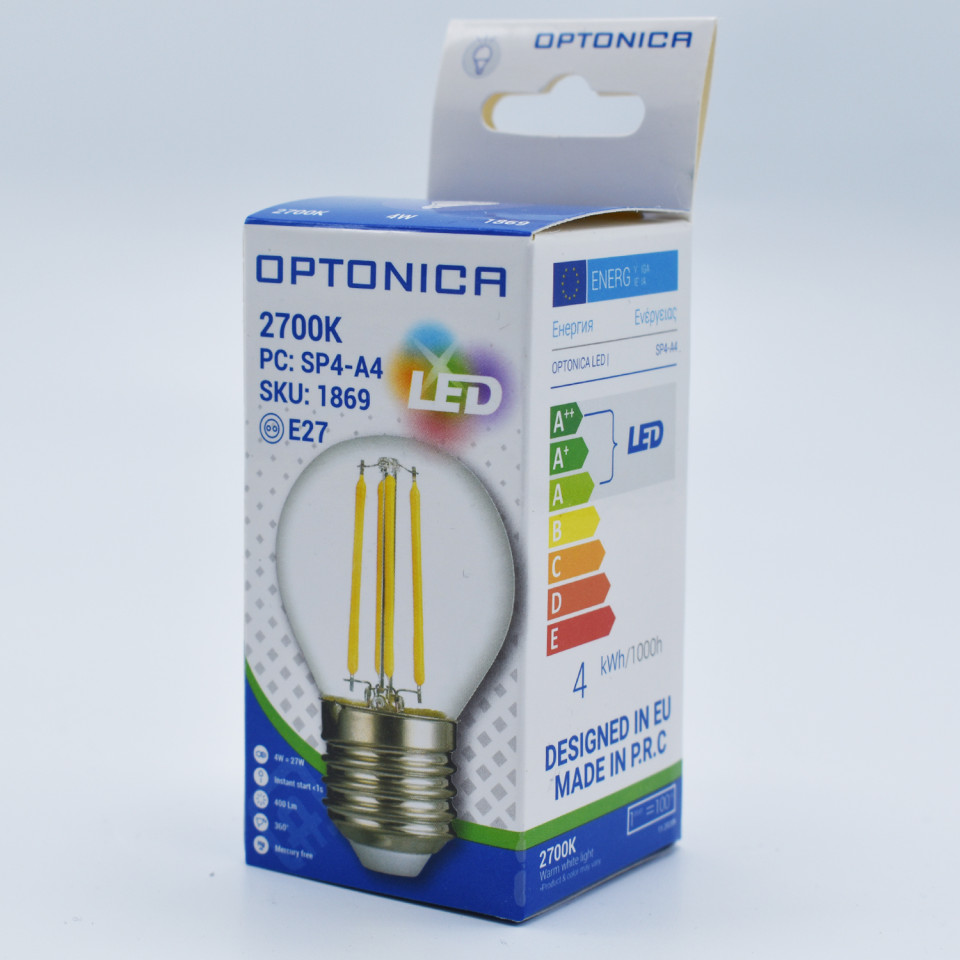 Bec LED Vintage filament Optonica, 4W(32W), E27, G45, 400 lm, lumina calda (2700K), clasa energetica F