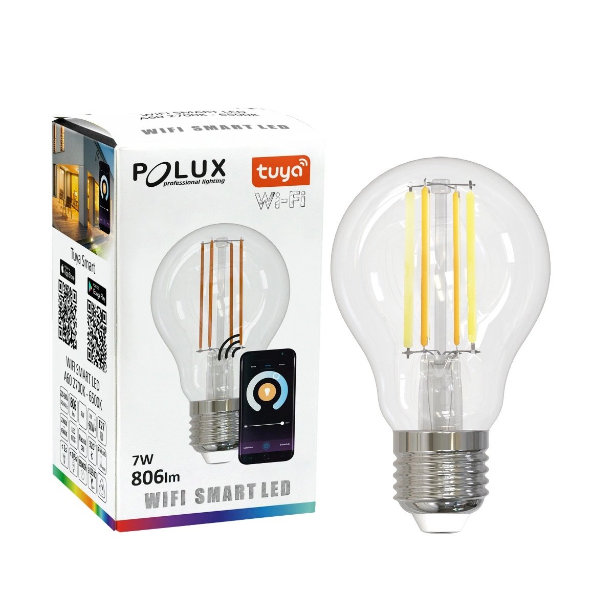 Bec Smart LED 7W(60W) Polux, A60, E27, Wi-Fi, 806 lm, 2700K–6500K, clasa energetica F