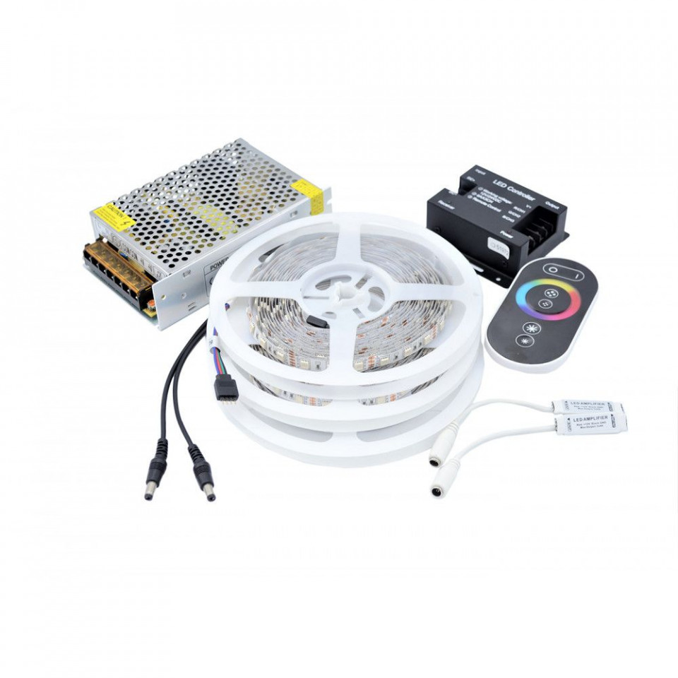 Kit Banda LED 5050, RGB, 15m, Interior, 60 LEDuri/m, Controller Touch+Alimentare