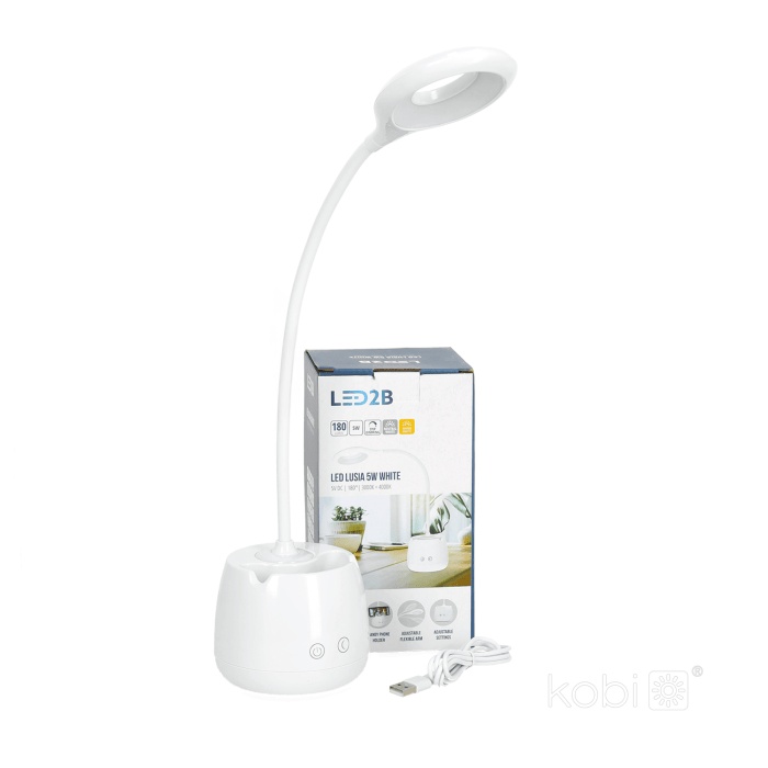 Lampa de birou LED LUSIA 5W, 4000K, portabila, acumulator, suport telefon si pixuri, alba, Kobi - imagine 7