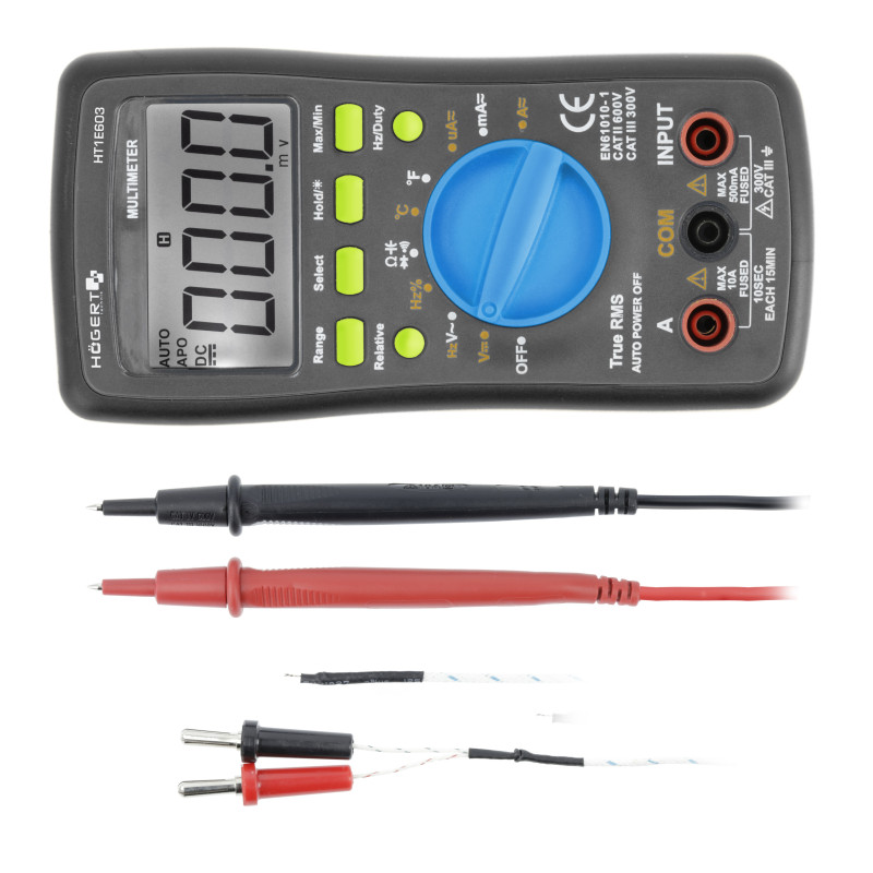 Multimetru digital universal, True RMS, Auto Range, masurarea temperaturii, teste de dioda si continuitate interval detectie 0-600 V, max. 10 A, Hogert Technik