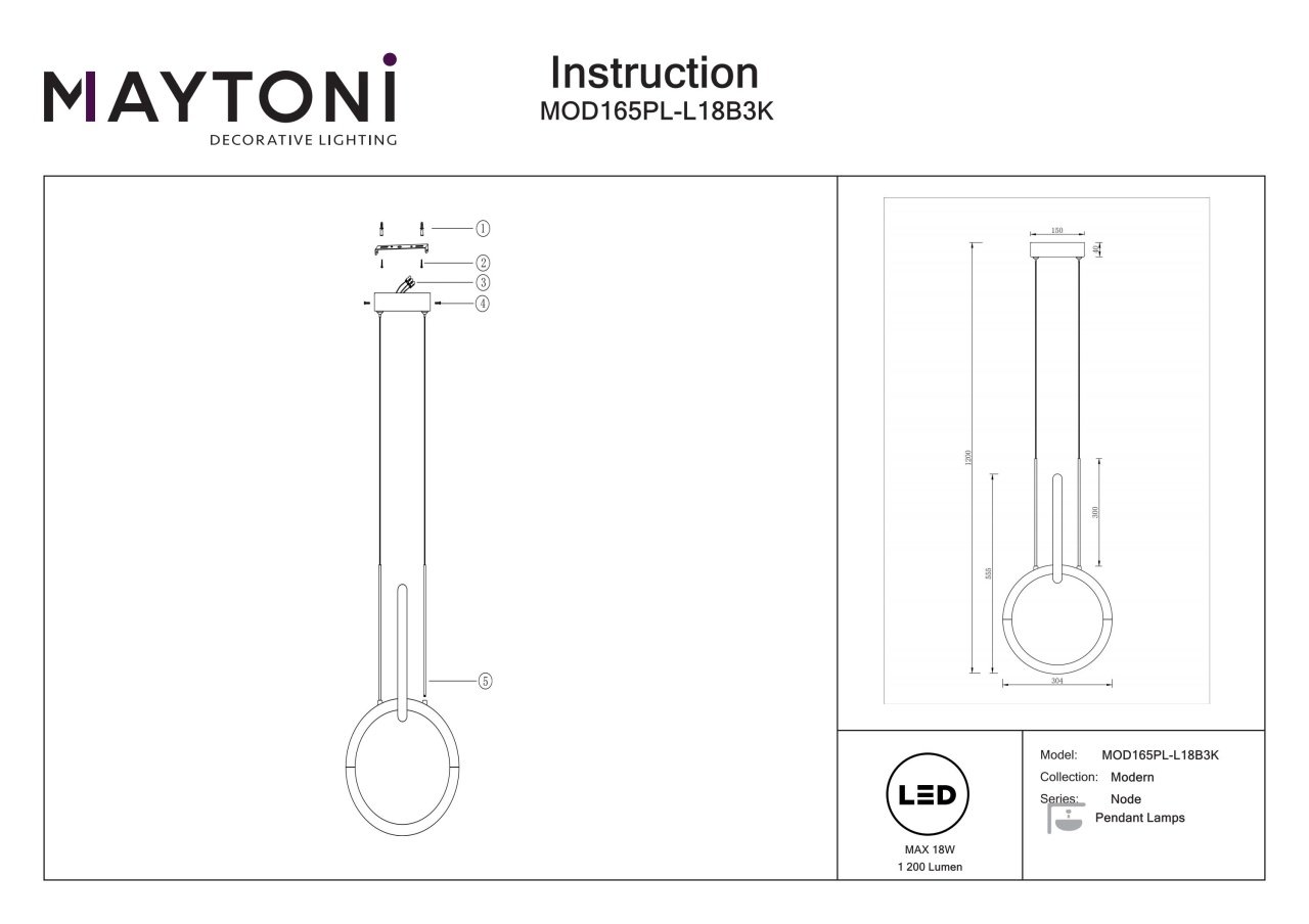 Pendul LED Node MOD165PL-L18B3K, 18W, 1200lm, lumina calda, IP20, negru+alb, Maytoni - 2 | YEO