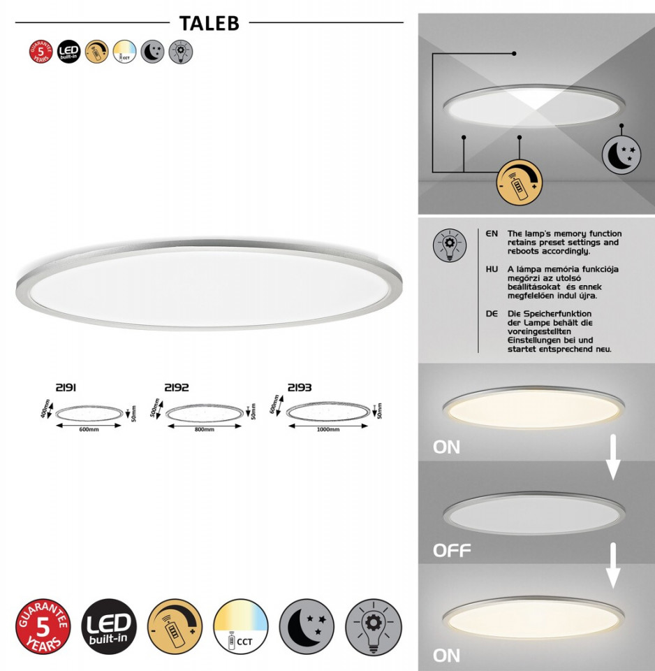 Plafoniera LED Taleb 2191-RAB, rotunda, cu telecomanda, 40W, 3200lm, lumina calda+neutra+rece, IP20, alba+argintie, Rabalux - 1 | YEO