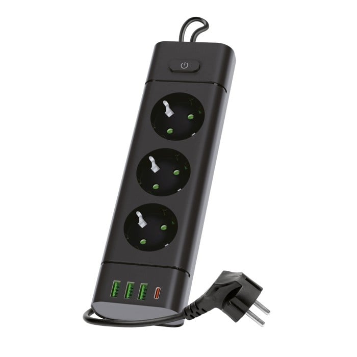 Prelungitor Kobi LINEA PRO XC, cu intrerupator, 3 prize, 1.5m, 3xUSB A, 1xUSB-C, 3250W, negru