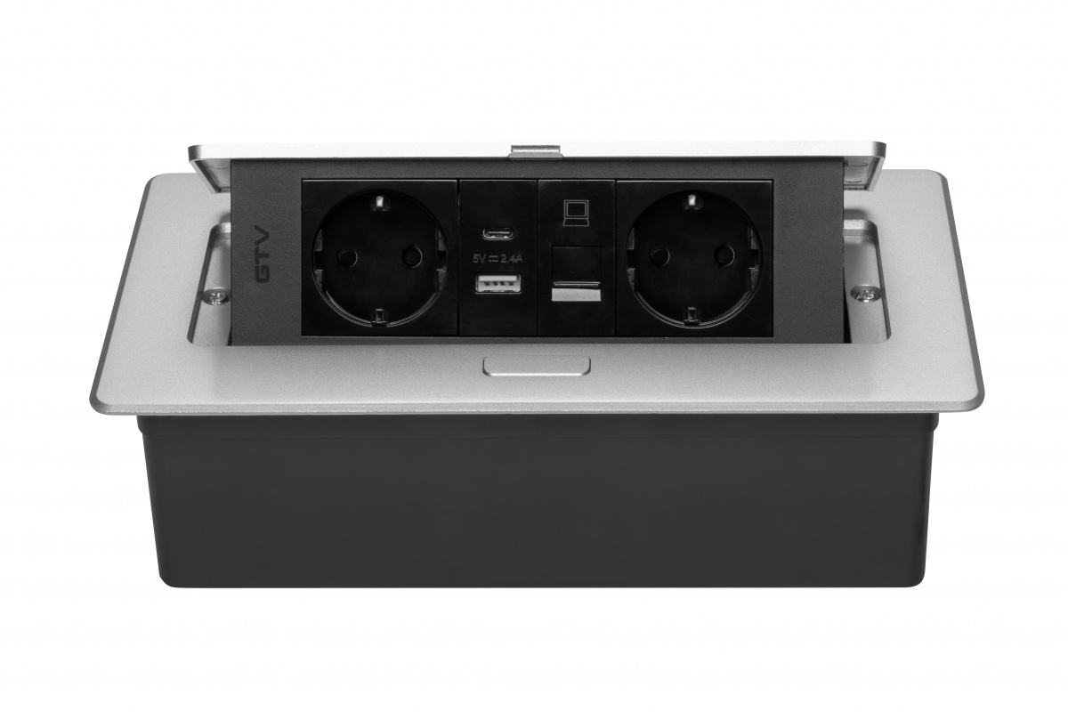 Priza incastrabila dreptunghiulara MULTISOFT, 2x Schuko, USB A+C, RJ45,1.5 m, aluminiu, GTV - imagine 3