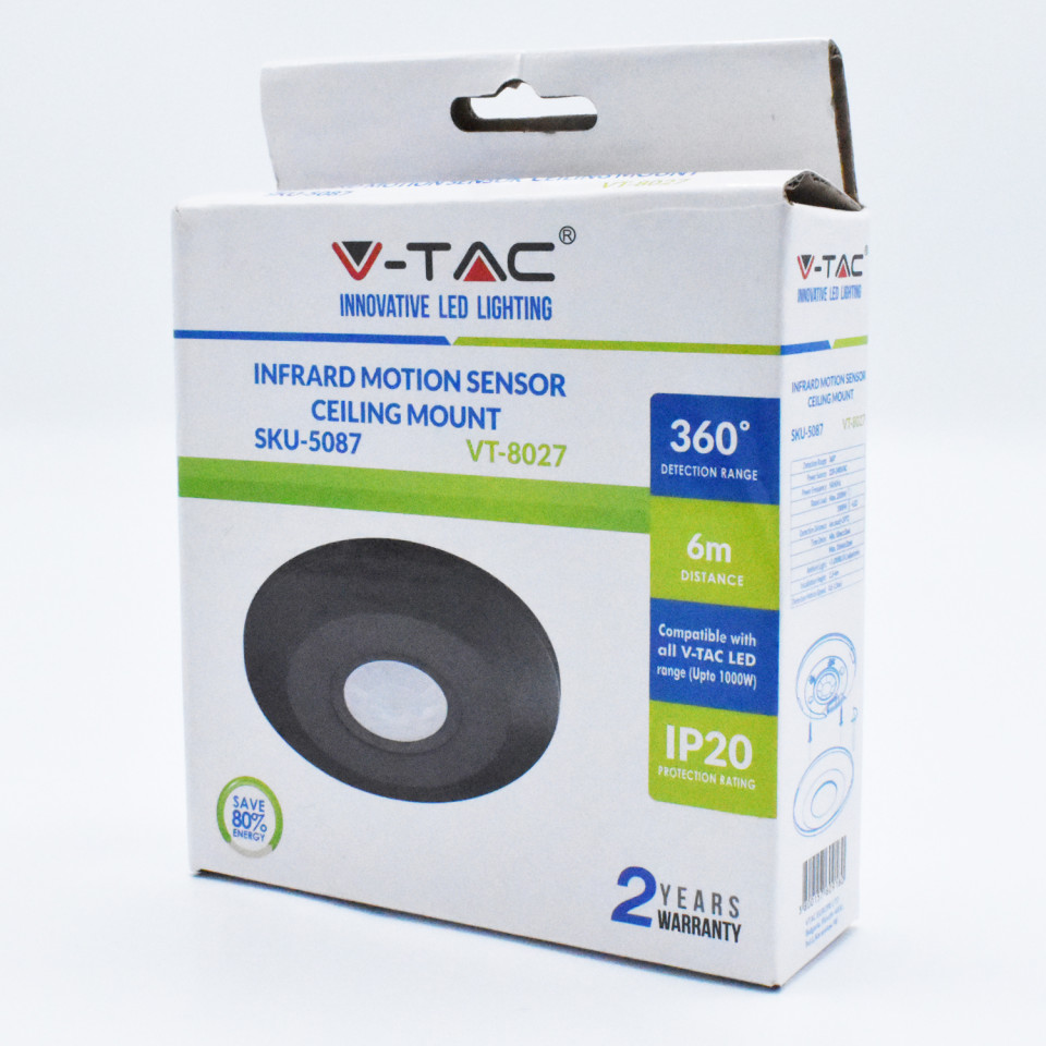 Senzor de miscare slim, aplicat, detectie 360 grade, negru, V-TAC - 1 | YEO