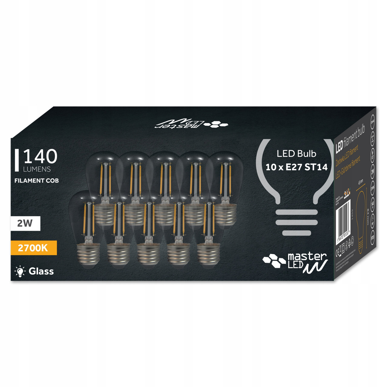 Set 10 becuri LED Vintage Masterled, 2W(20W), E27, 160lm, lumina calda (2700K), clasa energetica F