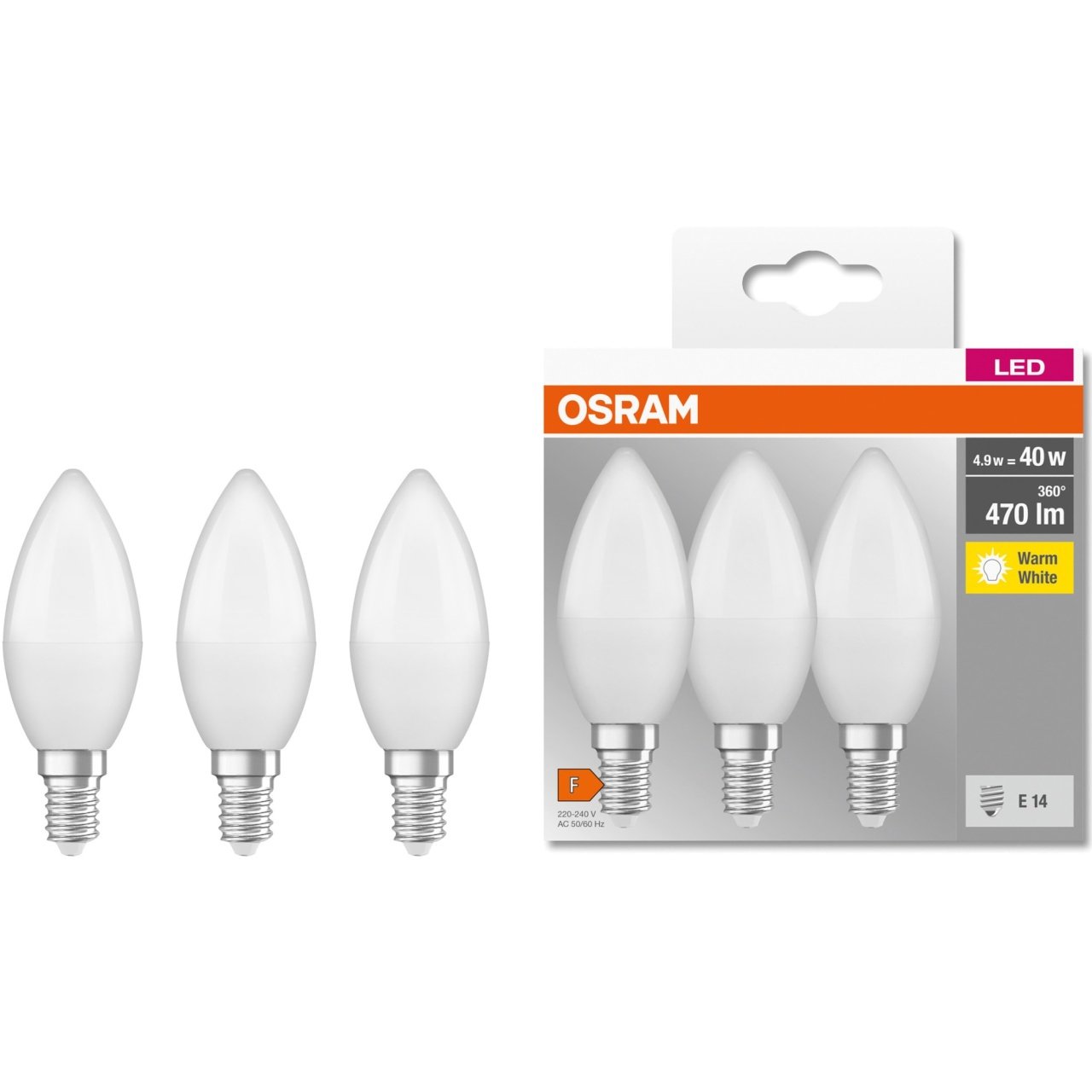 Set 3 becuri LED 4.9W (40W), E14, 470lm, lumina calda (2700K), Osram