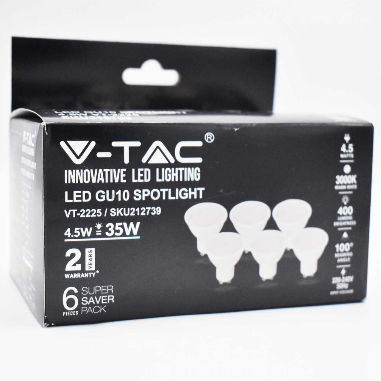 Set 6 becuri LED 4.5W(35W) V-TAC, GU10, 400 lm, lumina calda (3000 K), clasa energetica F