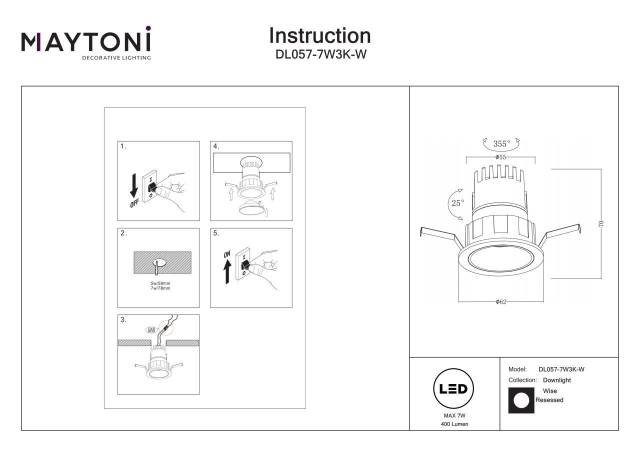 Spot LED DL057-7W3K-W, incastrat, 7W, 400lm, lumina calda, IP20, alb, Maytoni - 3 | YEO