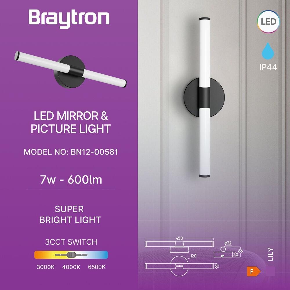 Aplica LED baie 7W, lumina calda/neutra/rece, neagra, IP44, Braytron - imagine 3