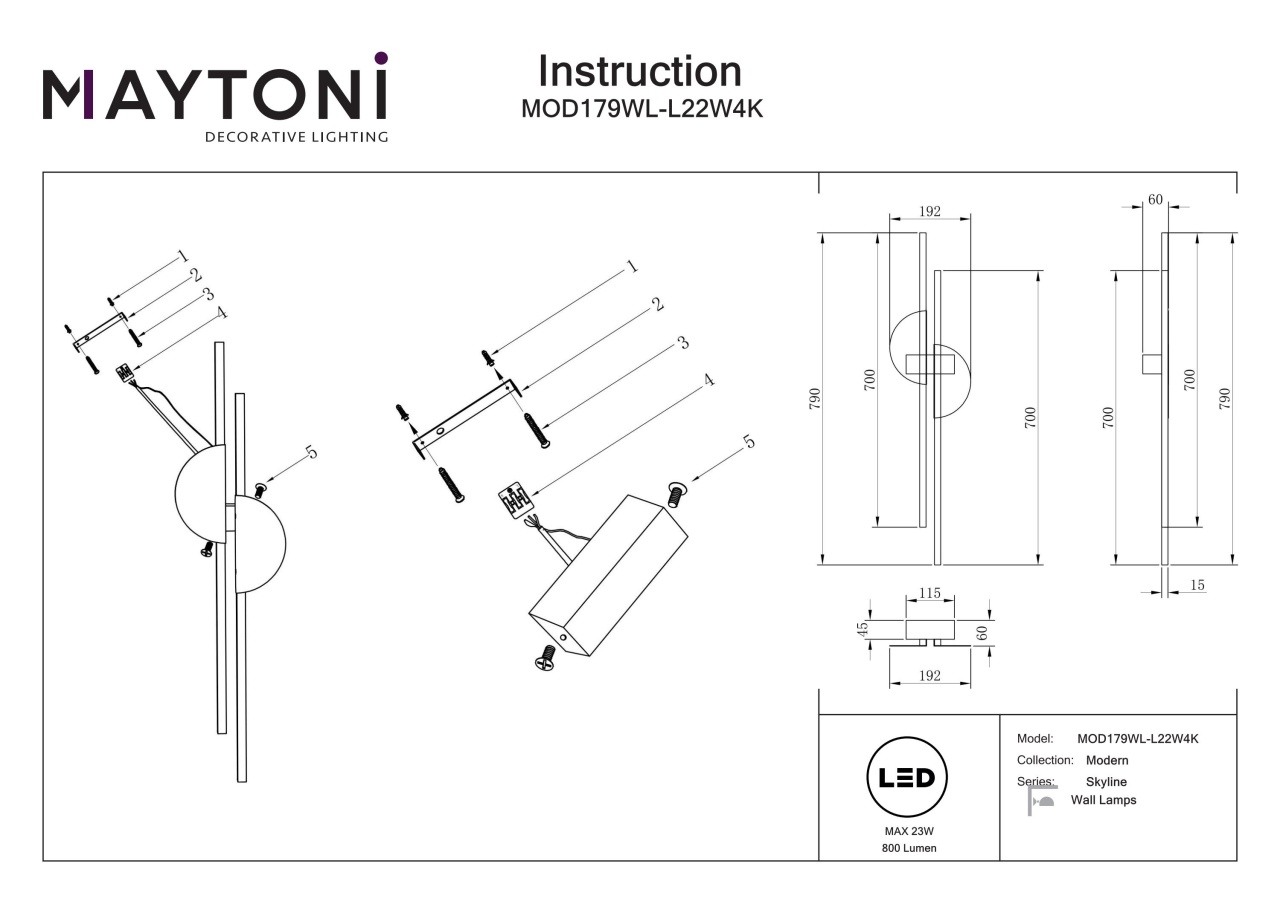 Aplica LED Skyline MOD179WL-L22W4K, 23W, 700lm, lumina neutra, IP20, neagra+alba, Maytoni