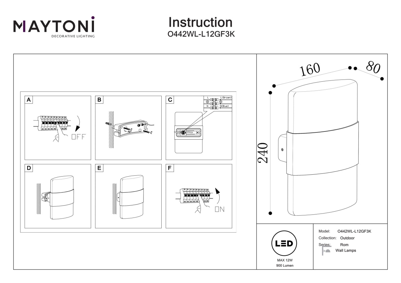 Aplica pentru exterior LED Rom O442WL-L12GF3K, 12W, 900lm, lumina calda, IP54, grafit, Maytoni - 3 | YEO