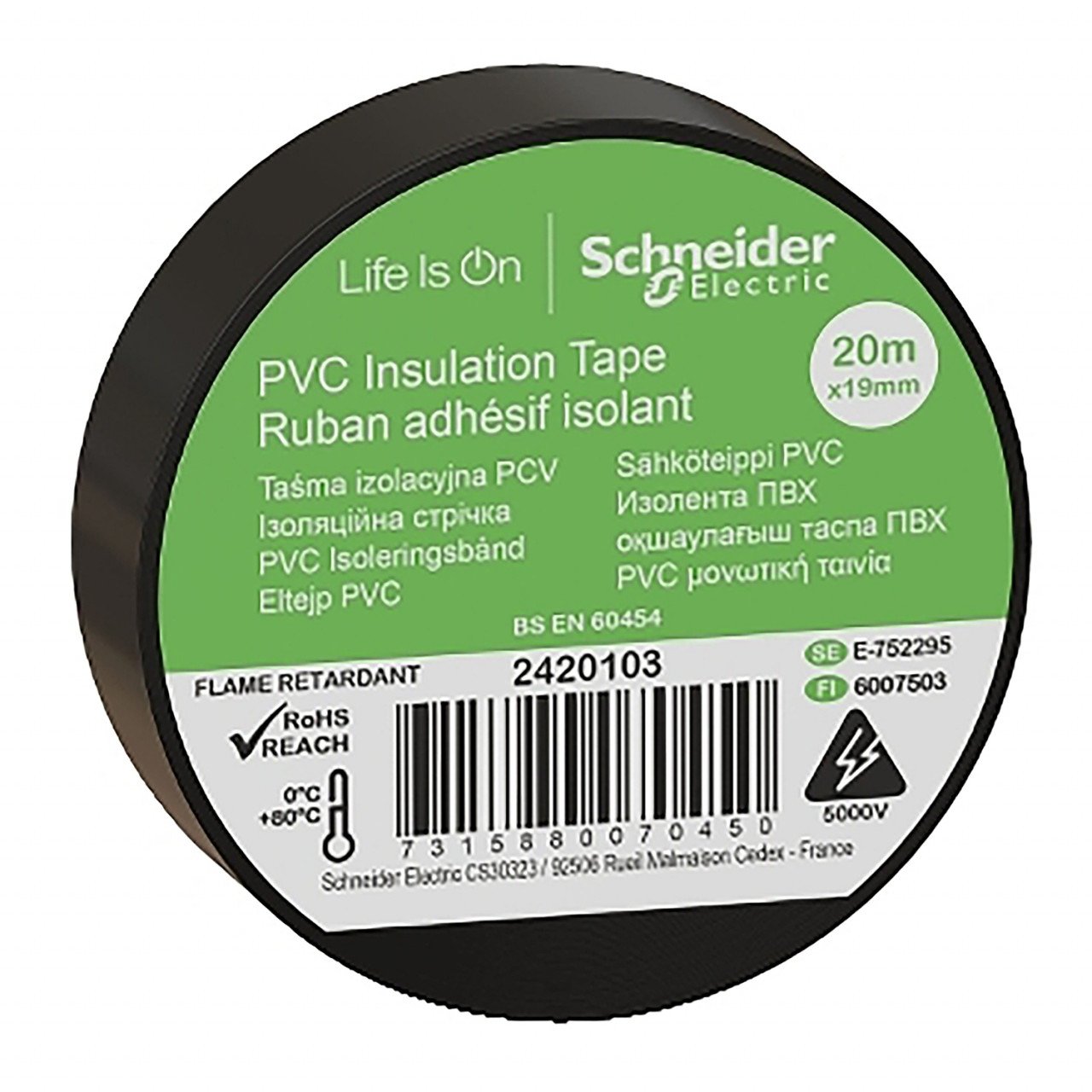 Banda izolatoare PVC, 20m x19mm, 5000V, 0-80C, neagra, Schneider