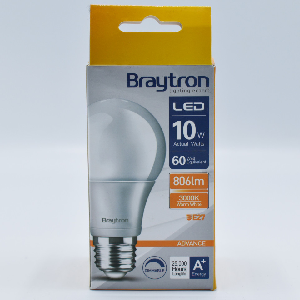 Bec LED 10W(60W) Braytron, A60, E27, 806 lm, lumina calda (3000 K), dimabil, clasa energetica F - 2 | YEO