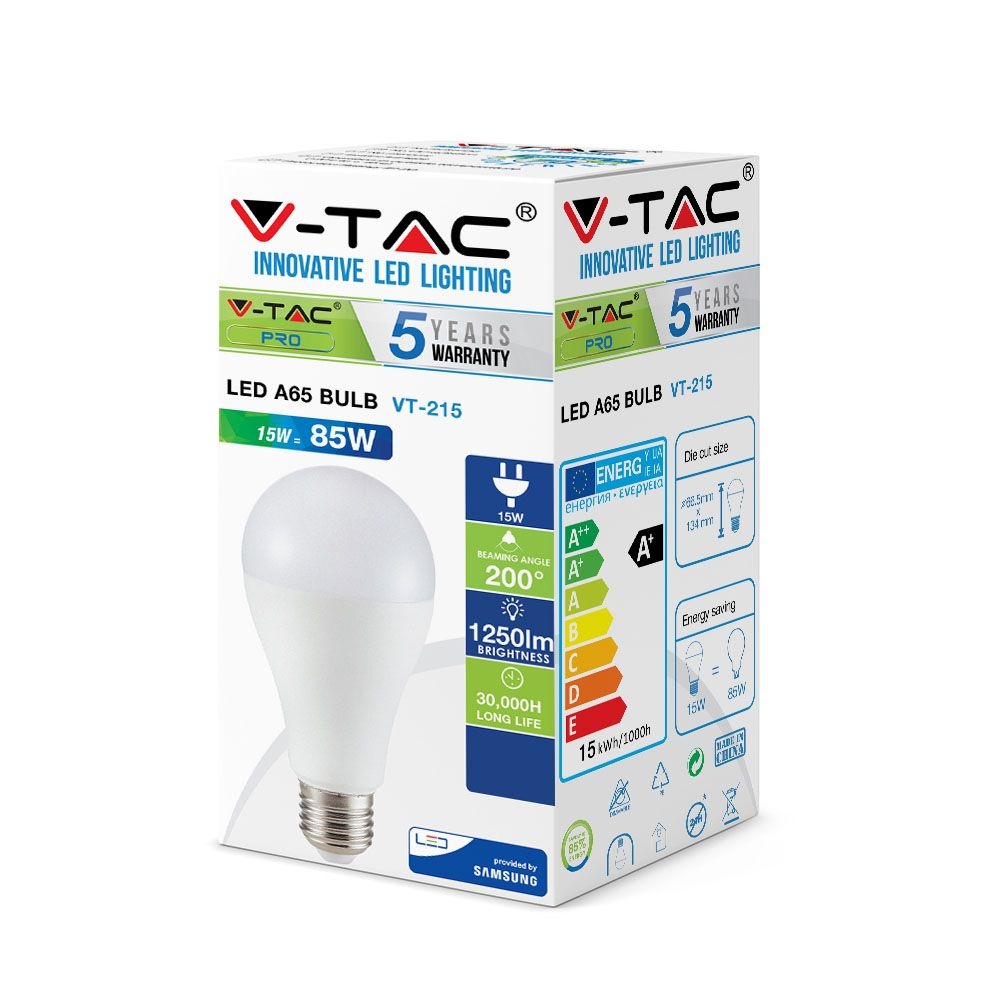 Bec LED 15W, E27, A65, cip Samsung, 1250 lm, lumina neutra 4000K, alb - V-TAC