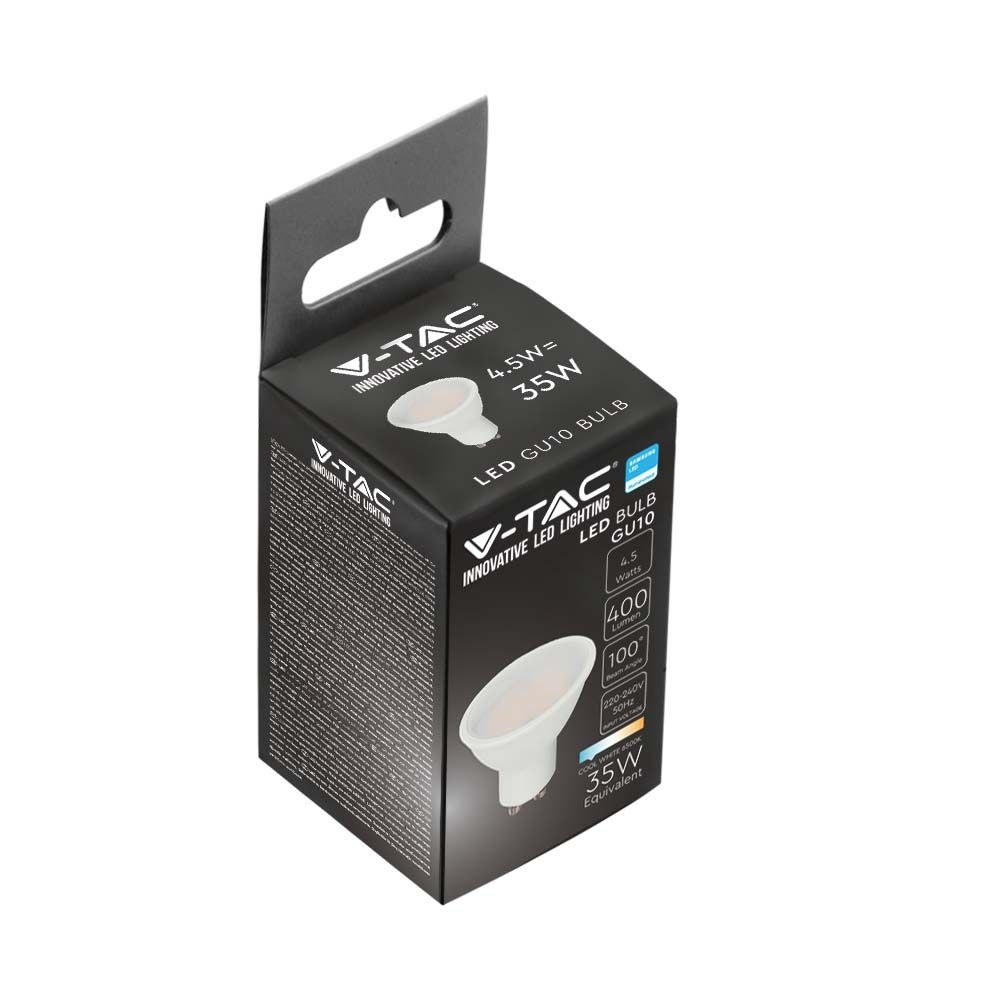 Bec LED 4.5W(35W) V-TAC VT-205, GU10, 400 lm, cip Samsung, lumina rece (6500 K), clasa energetica F