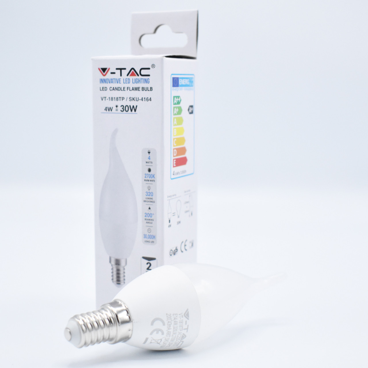 Bec LED 4W(30W) V-TAC flacara, E14, 320 lm, lumina calda (2700 K), clasa energetica F - 1 | YEO