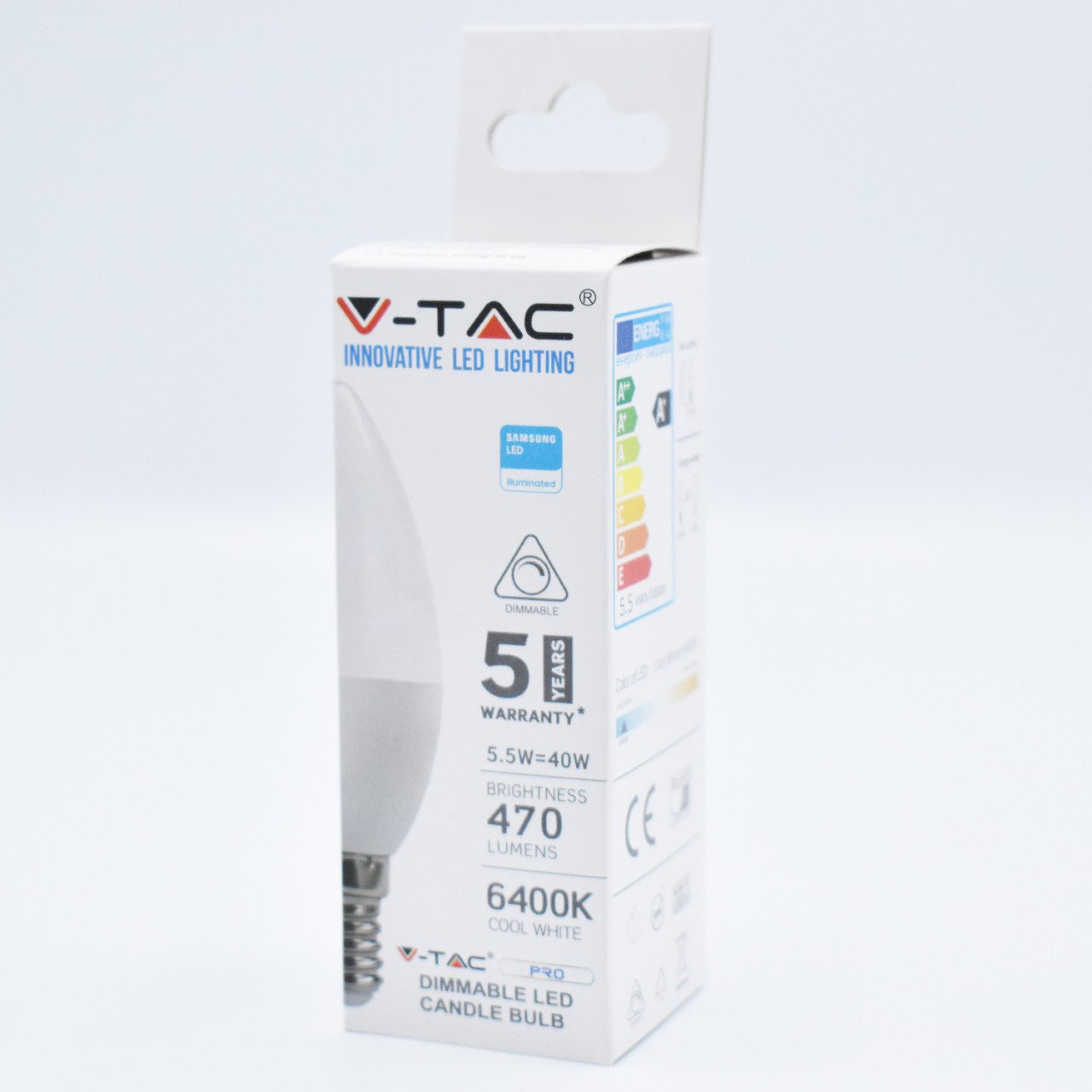 Bec LED 5.5W(40W) V-TAC C37, E14, 470 lm, cip Samsung, lumina rece (6400 K), dimabil, clasa energetica F