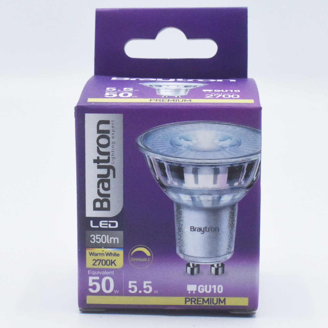 Bec LED 5.5W(50W) Braytron, GU10, 400 lm, lumina calda (3000 K), dimabil, clasa energetica F - 2 | YEO