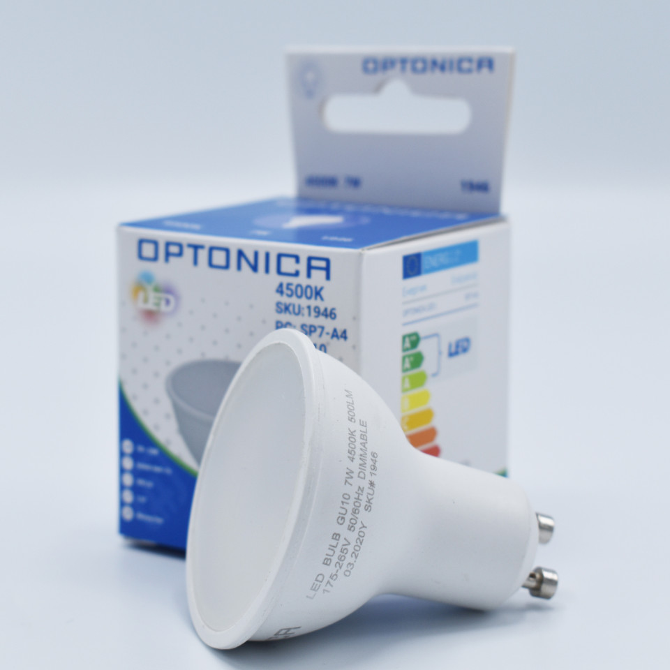 Bec LED GU10 dimabil Optonica, 7W(33W), 500 lm, lumina neutra (4500K), clasa energetica G - 1 | YEO