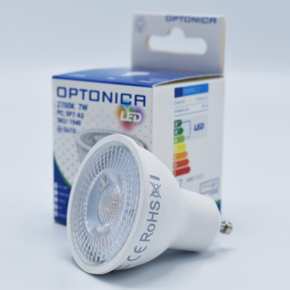 Bec LED GU10 Optonica, 7W(40W), 560 lm, lumina calda (2700K), semiclar, clasa energetica F - 1 | YEO