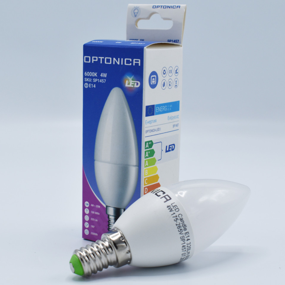 Bec LED Lumanare 4W(25W) Optonica, E14, 320 lm, lumina rece (6000 K), clasa energetica F - 1 | YEO
